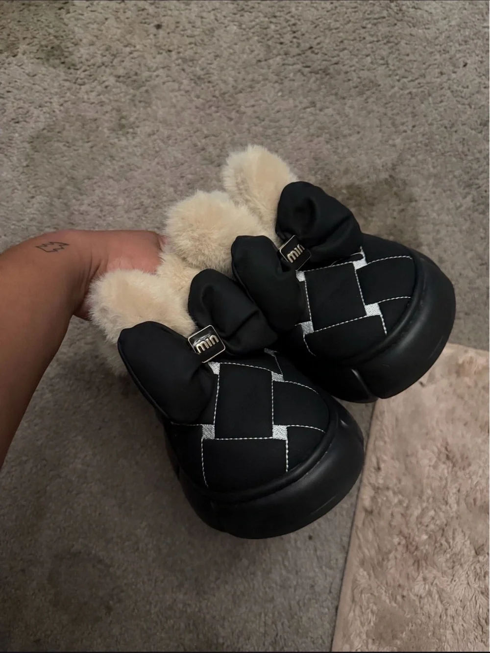 Black Quilted Faux Fur-Lined Slip-On Mules